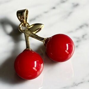 Set of 2 Chic 14k Gold Electroplated and Red Acrylic Cherries Pendants